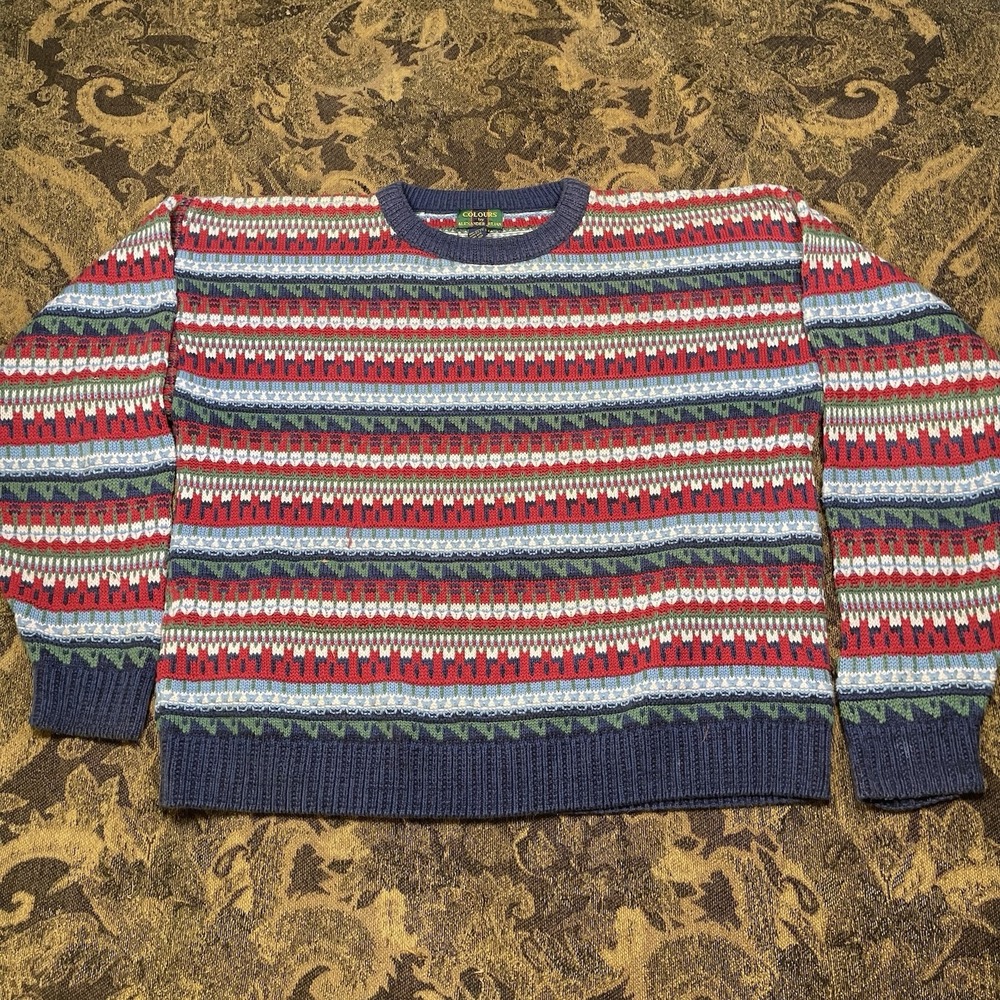 Vtg Colours Alexander Julian Fair Isle Knit Sweater Mens Size Large Blue Green